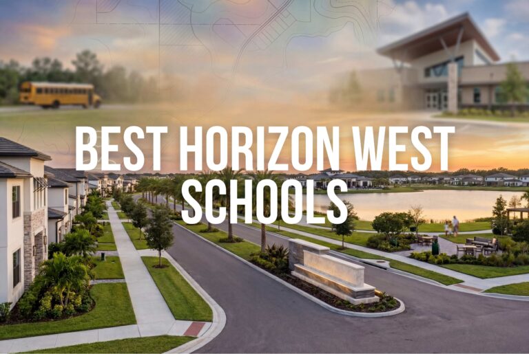 Scenic neighborhood with schools signage